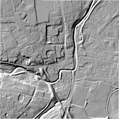 Shaded relief map of the ground around NE209SS, computed from Environment Agency LiDAR. The ground here sits at about 57 m above sea level and falls 14 m across the surrounding 800 m. Surface water reaching this point runs off ground lying to the west, 7.4 m higher.