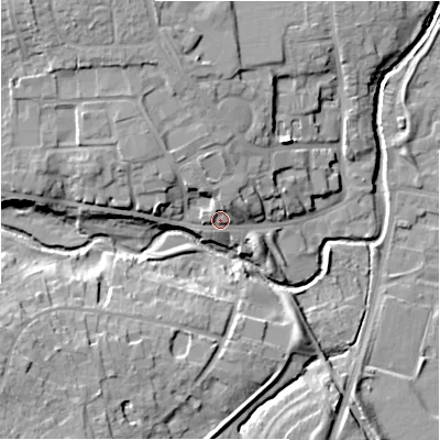 Shaded relief map of the ground around NE209SU, computed from Environment Agency LiDAR. The ground here sits at about 62 m above sea level and falls 16 m across the surrounding 800 m. Surface water reaching this point runs off ground lying to the north, 3.3 m higher.