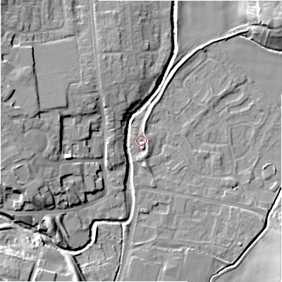 Shaded relief map of the ground around NE209TP, computed from Environment Agency LiDAR. The ground here sits at about 56 m above sea level and falls 13 m across the surrounding 800 m. Surface water reaching this point runs off ground lying to the south, 1.5 m higher.