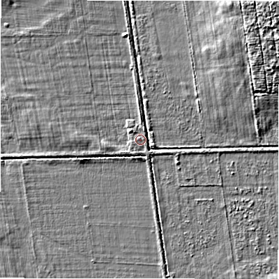 Shaded relief map of the ground around NE209UB, computed from Environment Agency LiDAR. The ground here sits at about 53 m above sea level and falls 4 m across the surrounding 800 m. The ground contributing surface water to this point lies to the north-west.