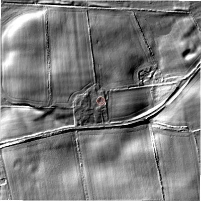 Shaded relief map of the ground around NE209UD, computed from Environment Agency LiDAR. The ground here sits at about 62 m above sea level and falls 19 m across the surrounding 800 m. Surface water reaching this point runs off ground lying to the south-east, 1.0 m higher.