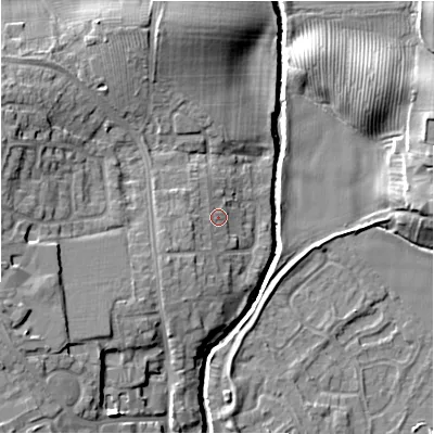 Shaded relief map of the ground around NE209UY, computed from Environment Agency LiDAR. The ground here sits at about 59 m above sea level and falls 14 m across the surrounding 800 m. Surface water reaching this point runs off ground lying to the west-south-west, 2.4 m higher.