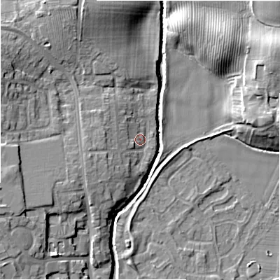 Shaded relief map of the ground around NE209UZ, computed from Environment Agency LiDAR. The ground here sits at about 57 m above sea level and falls 13 m across the surrounding 800 m. Surface water reaching this point runs off ground lying to the west-south-west, 4.9 m higher.