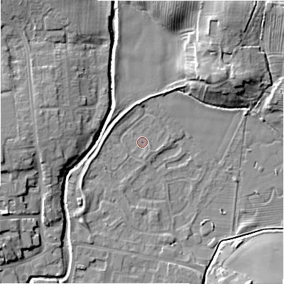 Shaded relief map of the ground around NE209XD, computed from Environment Agency LiDAR. The ground here sits at about 55 m above sea level and falls 10 m across the surrounding 800 m. Surface water reaching this point runs off ground lying to the south-south-east, 0.9 m higher.
