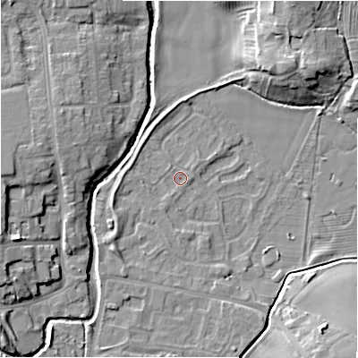 Shaded relief map of the ground around NE209XL, computed from Environment Agency LiDAR. The ground here sits at about 56 m above sea level and falls 11 m across the surrounding 800 m. Surface water reaching this point runs off ground lying to the south-west, 2.5 m higher.
