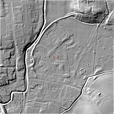 Shaded relief map of the ground around NE209XN, computed from Environment Agency LiDAR. The ground here sits at about 56 m above sea level and falls 11 m across the surrounding 800 m. Surface water reaching this point runs off ground lying to the south-south-west, 1.1 m higher.