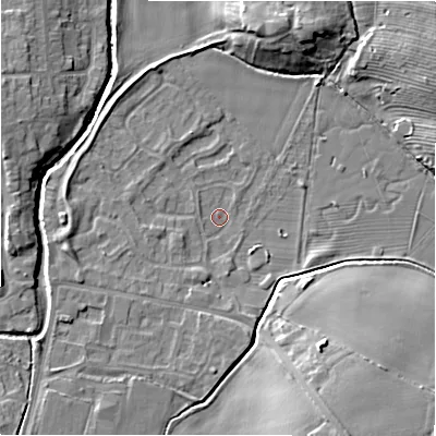Shaded relief map of the ground around NE209XP, computed from Environment Agency LiDAR. The ground here sits at about 55 m above sea level and falls 12 m across the surrounding 800 m. Surface water reaching this point runs off ground lying to the south-south-west, 3.0 m higher.