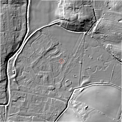 Shaded relief map of the ground around NE209XR, computed from Environment Agency LiDAR. The ground here sits at about 55 m above sea level and falls 11 m across the surrounding 800 m. Surface water reaching this point runs off ground lying to the south, 3.1 m higher.