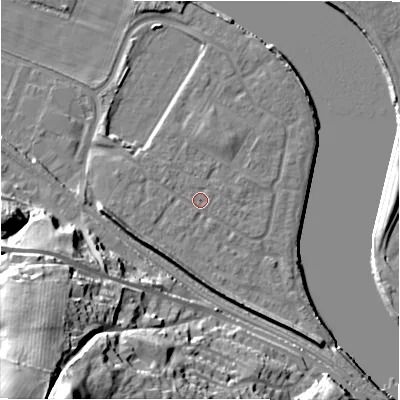 Shaded relief map of the ground around NE214FD, computed from Environment Agency LiDAR. The ground here sits at about 5 m above sea level and falls 51 m across the surrounding 800 m. Surface water reaching this point runs off ground lying to the west-south-west, 5.2 m higher.