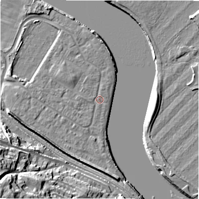 Shaded relief map of the ground around NE214FE, computed from Environment Agency LiDAR. The ground here sits at about 5 m above sea level and falls 39 m across the surrounding 800 m. Surface water reaching this point runs off ground lying to the west-south-west, 5.8 m higher.