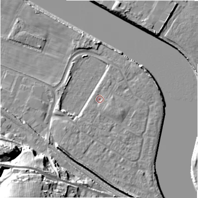 Shaded relief map of the ground around NE214FF, computed from Environment Agency LiDAR. The ground here sits at about 5 m above sea level and falls 37 m across the surrounding 800 m. Surface water reaching this point runs off ground lying to the south-east, 1.4 m higher.