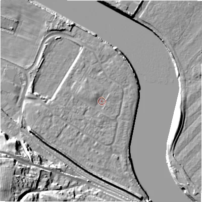 Shaded relief map of the ground around NE214FG, computed from Environment Agency LiDAR. The ground here sits at about 5 m above sea level and falls 41 m across the surrounding 800 m. Surface water reaching this point runs off ground lying to the west-north-west, 1.4 m higher.