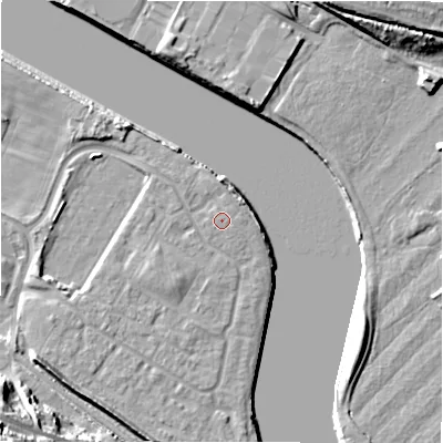 Shaded relief map of the ground around NE214FH, computed from Environment Agency LiDAR. The ground here sits at about 5 m above sea level and falls 25 m across the surrounding 800 m. The ground contributing surface water to this point lies to the north.