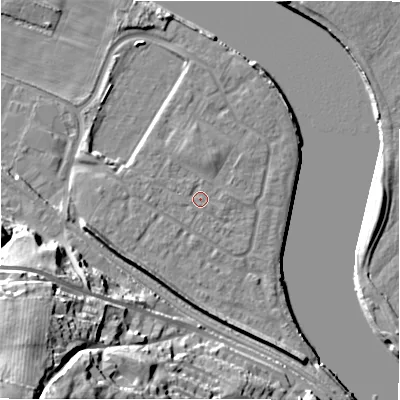 Shaded relief map of the ground around NE214FP, computed from Environment Agency LiDAR. The ground here sits at about 5 m above sea level and falls 47 m across the surrounding 800 m. Surface water reaching this point runs off ground lying to the north, 1.5 m higher.