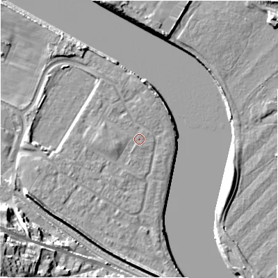 Shaded relief map of the ground around NE214FQ, computed from Environment Agency LiDAR. The ground here sits at about 5 m above sea level and falls 34 m across the surrounding 800 m. Surface water reaching this point runs off ground lying to the west, 1.4 m higher.