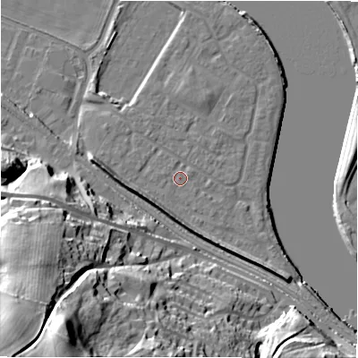 Shaded relief map of the ground around NE214FT, computed from Environment Agency LiDAR. The ground here sits at about 5 m above sea level and falls 53 m across the surrounding 800 m. Surface water reaching this point runs off ground lying to the south-west, 4.8 m higher.