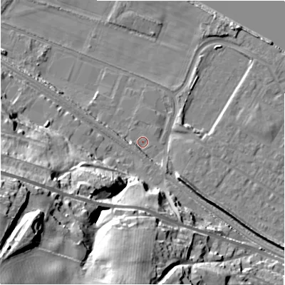 Shaded relief map of the ground around NE214SD, computed from Environment Agency LiDAR. The ground here sits at about 5 m above sea level and falls 50 m across the surrounding 800 m. Surface water reaching this point runs off ground lying to the south-west, 3.0 m higher.