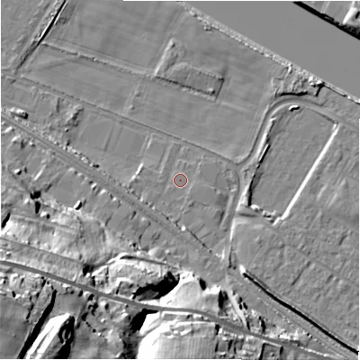 Shaded relief map of the ground around NE214SQ, computed from Environment Agency LiDAR. The ground here sits at about 4 m above sea level and falls 50 m across the surrounding 800 m. Surface water reaching this point runs off ground lying to the south-west, 48.2 m higher.