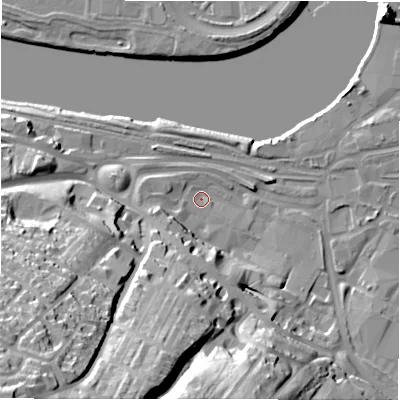 Shaded relief map of the ground around NE215BY, computed from Environment Agency LiDAR. The ground here sits at about 5 m above sea level and falls 60 m across the surrounding 800 m. Surface water reaching this point runs off ground lying to the south-south-west, 47.9 m higher.