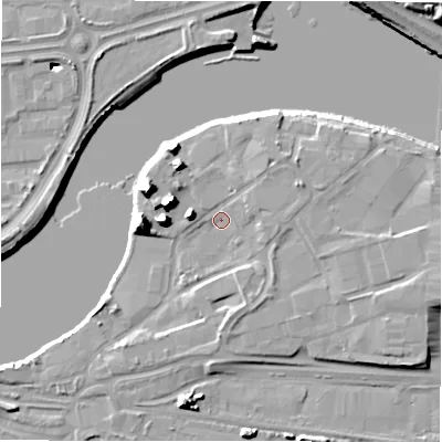 Shaded relief map of the ground around NE215FG, computed from Environment Agency LiDAR. The ground here sits at about 6 m above sea level and falls 18 m across the surrounding 800 m. Surface water reaching this point runs off ground lying to the east-north-east, 2.6 m higher.