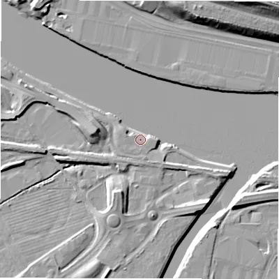 Shaded relief map of the ground around NE215LL, computed from Environment Agency LiDAR. The ground here sits at about 5 m above sea level and falls 22 m across the surrounding 800 m. Surface water reaching this point runs off ground lying to the south-south-east, 4.3 m higher.