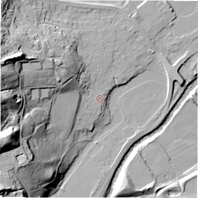 Shaded relief map of the ground around NE215PB, computed from Environment Agency LiDAR. The ground here sits at about 9 m above sea level and falls 48 m across the surrounding 800 m. Surface water reaching this point runs off ground lying to the west, 36.3 m higher.