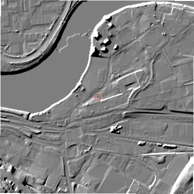 Shaded relief map of the ground around NE215RU, computed from Environment Agency LiDAR. The ground here sits at about 5 m above sea level and falls 23 m across the surrounding 800 m. Surface water reaching this point runs off ground lying to the south-west, 2.2 m higher.