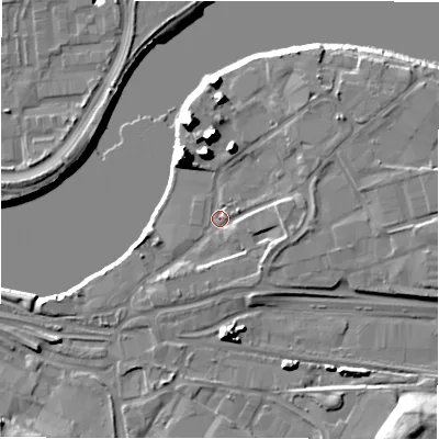 Shaded relief map of the ground around NE215RY, computed from Environment Agency LiDAR. The ground here sits at about 5 m above sea level and falls 14 m across the surrounding 800 m. Surface water reaching this point runs off ground lying to the east-south-east, 3.6 m higher.
