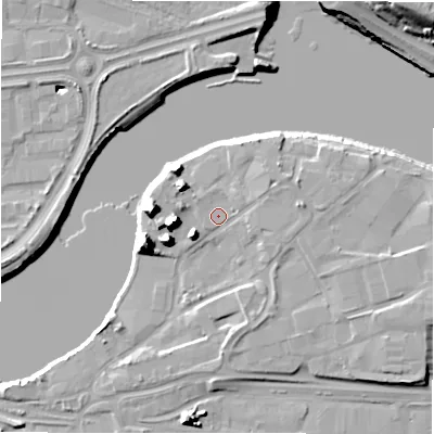 Shaded relief map of the ground around NE215RZ, computed from Environment Agency LiDAR. The ground here sits at about 7 m above sea level and falls 19 m across the surrounding 800 m. Surface water reaching this point runs off ground lying to the east, 2.3 m higher.