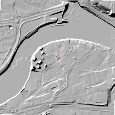 Shaded relief map of the ground around NE215SA, computed from Environment Agency LiDAR. The ground here sits at about 7 m above sea level and falls 20 m across the surrounding 800 m. Surface water reaching this point runs off ground lying to the east, 1.7 m higher.