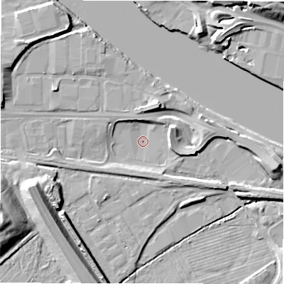Shaded relief map of the ground around NE215SS, computed from Environment Agency LiDAR. The ground here sits at about 2 m above sea level and falls 15 m across the surrounding 800 m. Surface water reaching this point runs off ground lying to the south, 3.2 m higher.
