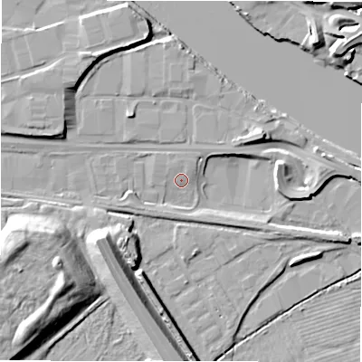 Shaded relief map of the ground around NE215SZ, computed from Environment Agency LiDAR. The ground here sits at about 4 m above sea level and falls 13 m across the surrounding 800 m. Surface water reaching this point runs off ground lying to the north-north-west, 1.0 m higher.