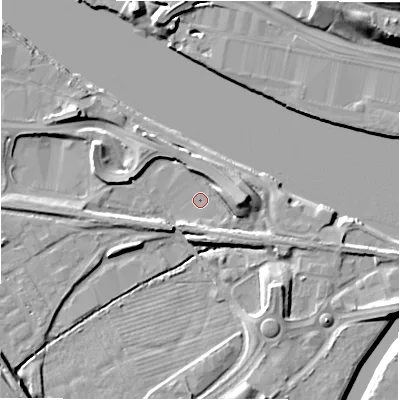 Shaded relief map of the ground around NE215TE, computed from Environment Agency LiDAR. The ground here sits at about 3 m above sea level and falls 18 m across the surrounding 800 m. Surface water reaching this point runs off ground lying to the east, 7.3 m higher.