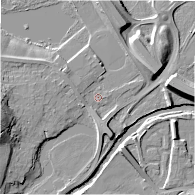 Shaded relief map of the ground around NE215TF, computed from Environment Agency LiDAR. The ground here sits at about 5 m above sea level and falls 19 m across the surrounding 800 m. Surface water reaching this point runs off ground lying to the south-south-east, 4.2 m higher.