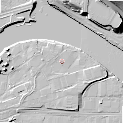 Shaded relief map of the ground around NE215TL, computed from Environment Agency LiDAR. The ground here sits at about 7 m above sea level and falls 33 m across the surrounding 800 m. Surface water reaching this point runs off ground lying to the west-north-west, 0.7 m higher.