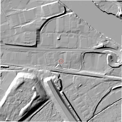 Shaded relief map of the ground around NE215TR, computed from Environment Agency LiDAR. The ground here sits at about 4 m above sea level and falls 13 m across the surrounding 800 m. Surface water reaching this point runs off ground lying to the south-west, 9.3 m higher.