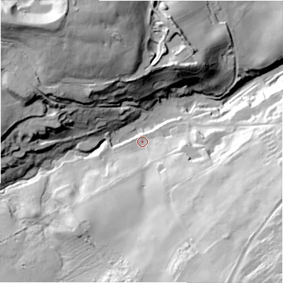 Shaded relief map of the ground around NE216LF, computed from Environment Agency LiDAR. The ground here sits at about 74 m above sea level and falls 72 m across the surrounding 800 m. Surface water reaching this point runs off ground lying to the south-south-east, 58.5 m higher.