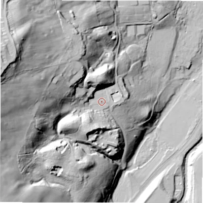 Shaded relief map of the ground around NE216RB, computed from Environment Agency LiDAR. The ground here sits at about 34 m above sea level and falls 90 m across the surrounding 800 m. Surface water reaching this point runs off ground lying to the west-north-west, 58.7 m higher.
