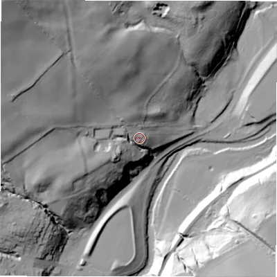 Shaded relief map of the ground around NE216RS, computed from Environment Agency LiDAR. The ground here sits at about 33 m above sea level and falls 88 m across the surrounding 800 m. Surface water reaching this point runs off ground lying to the north-west, 61.7 m higher.