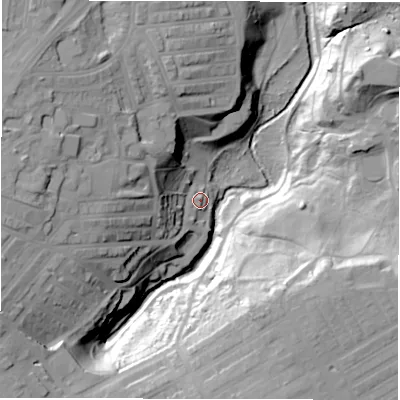 Shaded relief map of the ground around NE21PH, computed from Environment Agency LiDAR. The ground here sits at about 17 m above sea level and falls 41 m across the surrounding 800 m. Surface water reaching this point runs off ground lying to the west, 31.0 m higher.