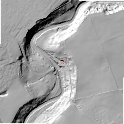 Shaded relief map of the ground around NE225RY, computed from Environment Agency LiDAR. The ground here sits at about 20 m above sea level and falls 44 m across the surrounding 800 m. Surface water reaching this point runs off ground lying to the east-north-east, 23.9 m higher.