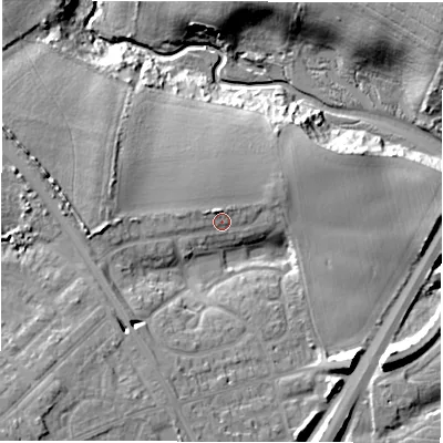 Shaded relief map of the ground around NE227EG, computed from Environment Agency LiDAR. The ground here sits at about 17 m above sea level and falls 25 m across the surrounding 800 m. Surface water reaching this point runs off ground lying to the north-north-west, 2.6 m higher.