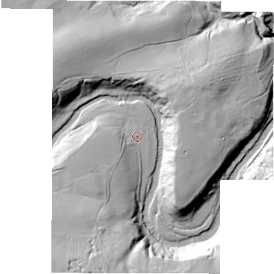 Shaded relief map of the ground around NE231JJ, computed from Environment Agency LiDAR. The ground here sits at about 32 m above sea level and falls 36 m across the surrounding 800 m. Surface water reaching this point runs off ground lying to the south-west, 13.9 m higher.