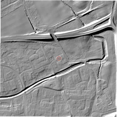 Shaded relief map of the ground around NE233HL, computed from Environment Agency LiDAR. The ground here sits at about 37 m above sea level and falls 16 m across the surrounding 800 m. Surface water reaching this point runs off ground lying to the north-north-west, 9.2 m higher.