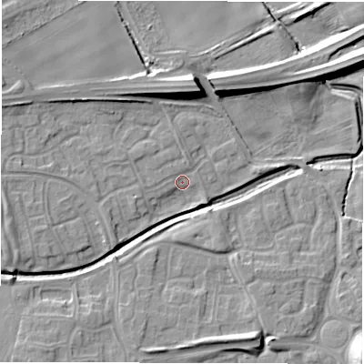 Shaded relief map of the ground around NE233HX, computed from Environment Agency LiDAR. The ground here sits at about 37 m above sea level and falls 14 m across the surrounding 800 m. Surface water reaching this point runs off ground lying to the west-south-west, 2.9 m higher.