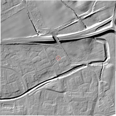 Shaded relief map of the ground around NE233HZ, computed from Environment Agency LiDAR. The ground here sits at about 37 m above sea level and falls 16 m across the surrounding 800 m. Surface water reaching this point runs off ground lying to the north-north-west, 9.2 m higher.