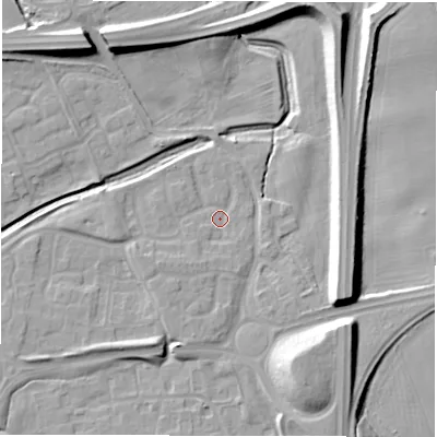 Shaded relief map of the ground around NE233XL, computed from Environment Agency LiDAR. The ground here sits at about 37 m above sea level and falls 14 m across the surrounding 800 m. Surface water reaching this point runs off ground lying to the south-south-west, 2.2 m higher.