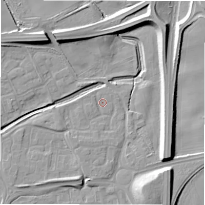 Shaded relief map of the ground around NE233XN, computed from Environment Agency LiDAR. The ground here sits at about 36 m above sea level and falls 15 m across the surrounding 800 m. Surface water reaching this point runs off ground lying to the south-south-west, 3.2 m higher.