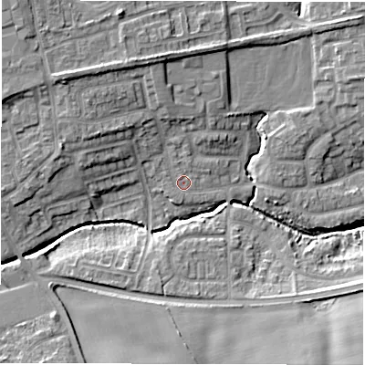 Shaded relief map of the ground around NE237AG, computed from Environment Agency LiDAR. The ground here sits at about 50 m above sea level and falls 13 m across the surrounding 800 m. Surface water reaching this point runs off ground lying to the north-west, 6.6 m higher.