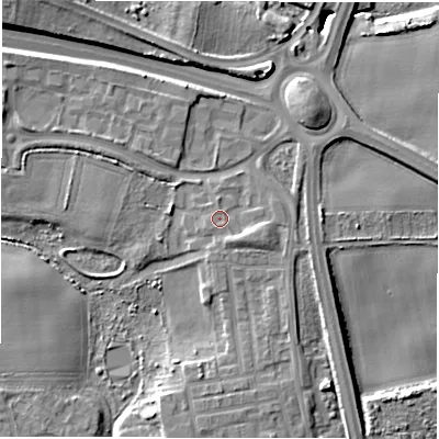 Shaded relief map of the ground around NE237BF, computed from Environment Agency LiDAR. The ground here sits at about 53 m above sea level and falls 11 m across the surrounding 800 m. Surface water reaching this point runs off ground lying to the south-east, 2.0 m higher.